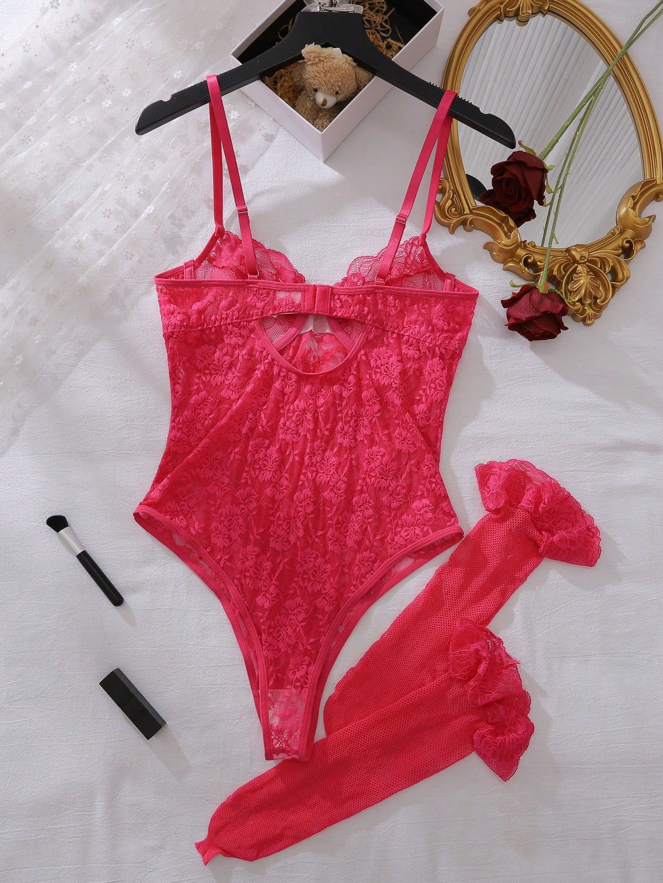 3pcs Women Lace Bodysuit Set Including Matching Stockings, Lightweight Lace And Mesh Fabric Construction, Coordinated Multi-Piece Design, Suitable For General Wear And Styling