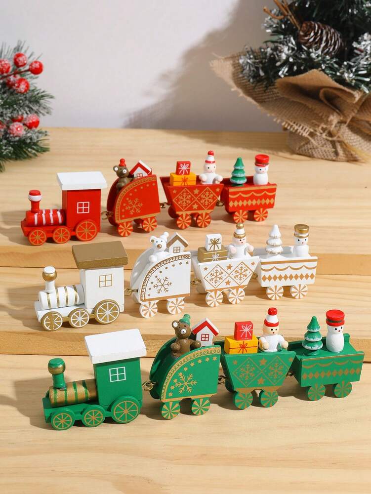 1pc/3pcs Wooden Christmas Train Ornament, Four-Section Tabletop Decoration for Windows, Gardens & Home Holiday Displays