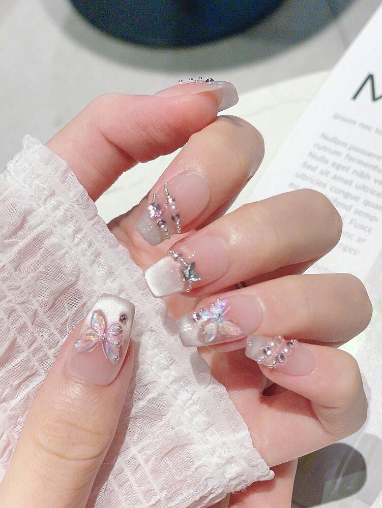 10pcs Short Trapezoid Press On Nails, Pink Glitter Butterfly Rhinestone Design, Light Luxury Romantic Handmade Nail Set For Daily Use