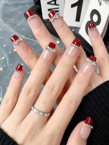 10pcs Short Trapezoid Press On Nails, Wine Red Crystal Bow Design, Elegant Princess Style Handmade Nails For Women Daily Party Wear