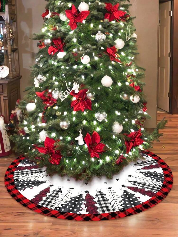 Red & Black Plaid Christmas Tree Skirt, Snowflake Pattern Round Tree Mat, Soft Decorative Base Cover for Living Room & Winter Holiday Home Decor