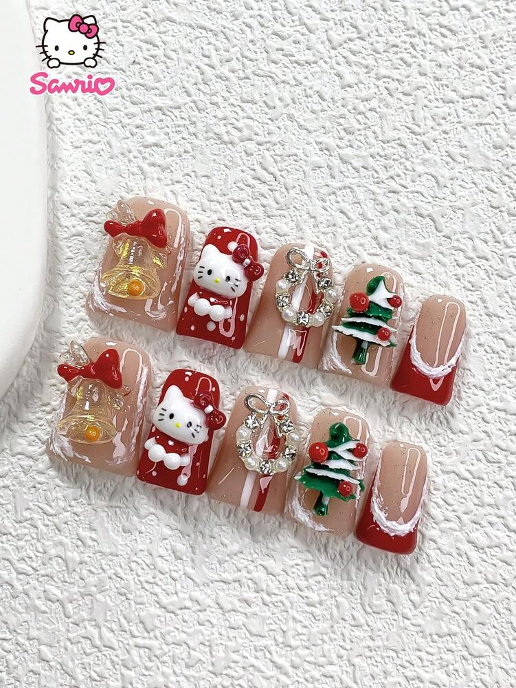 10pcs Christmas Press On Nails, 3D Hello Kitty Red French Tips With Bells And Wreath Charms, Handmade Snowflake Design Acrylic Nails Holiday Gift