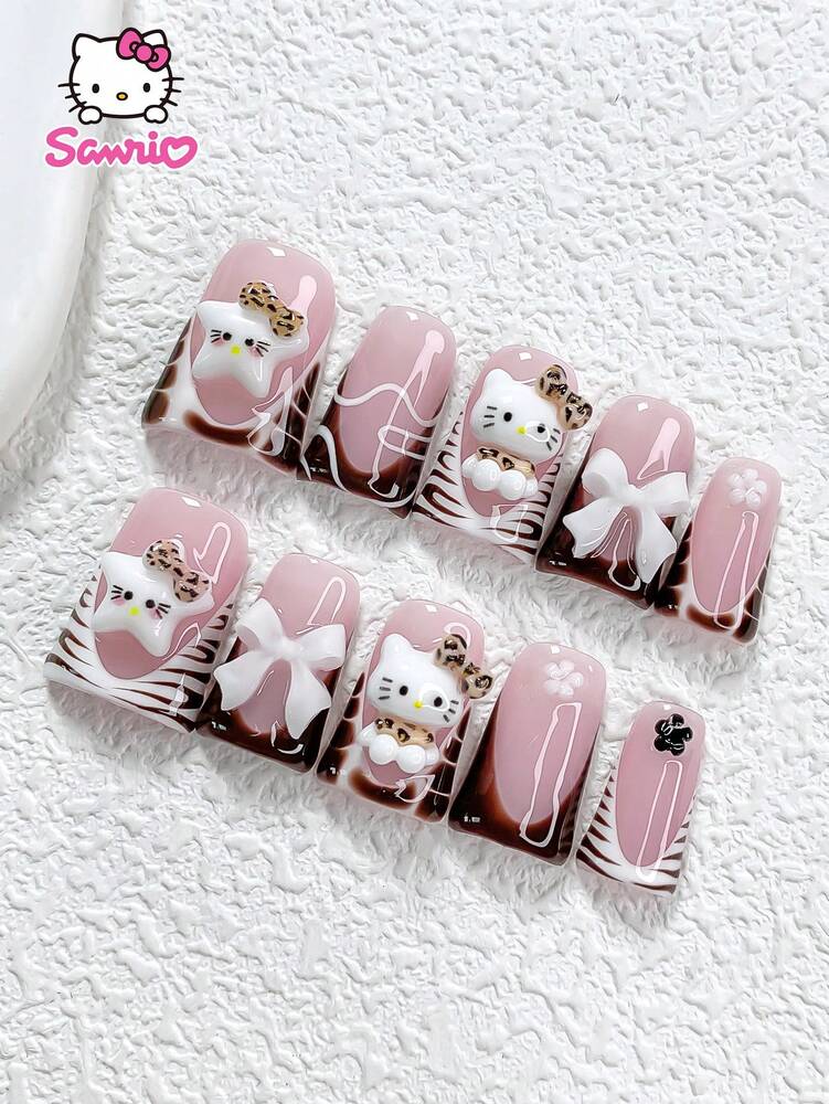 10pcs Sanrio Long Coffin Press On Nails, Brown Hello Kitty With Bow And Zebra Print, Glossy French Acrylic Nail Set For Women Party Wear