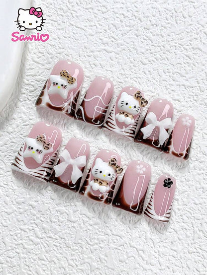 10pcs Sanrio Long Coffin Press On Nails, Brown Hello Kitty With Bow And Zebra Print, Glossy French Acrylic Nail Set For Women Party Wear