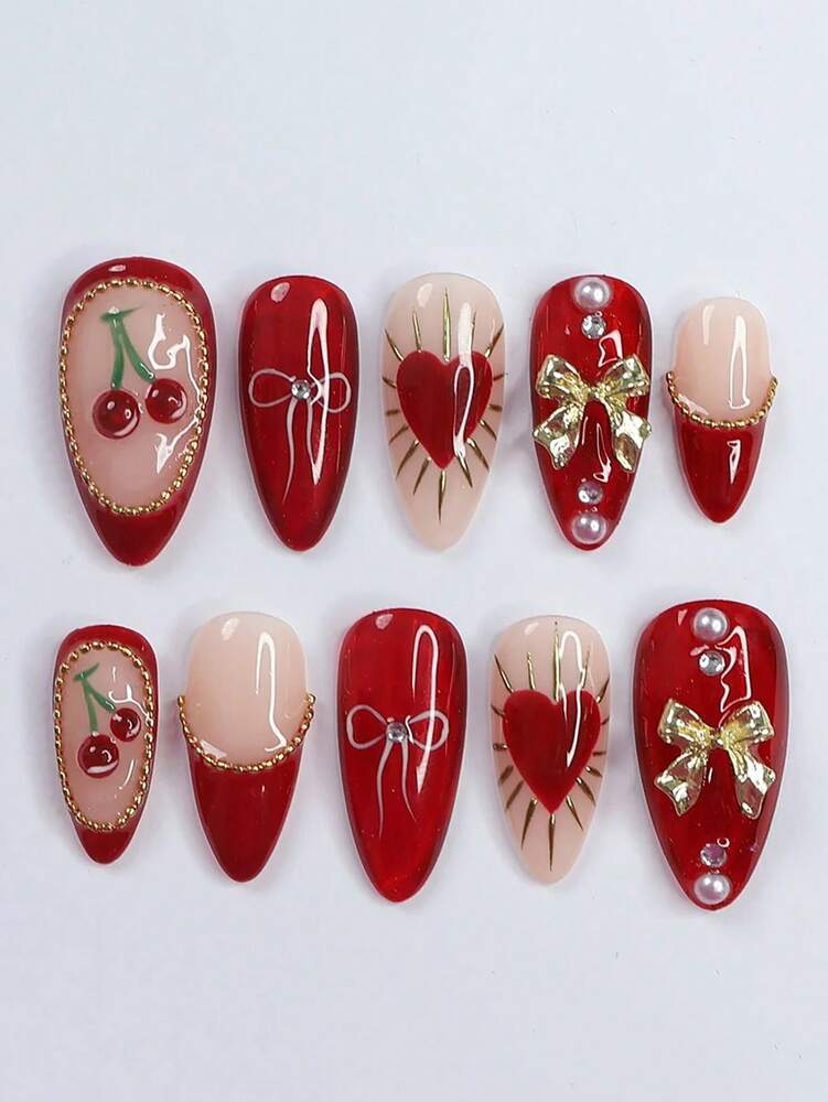 10pcs Retro Cherry Press On Nails, 3D Cherry And Bow Design With Gold Stud Accents, Handmade Y2K Vintage Nail Set For Holiday Party