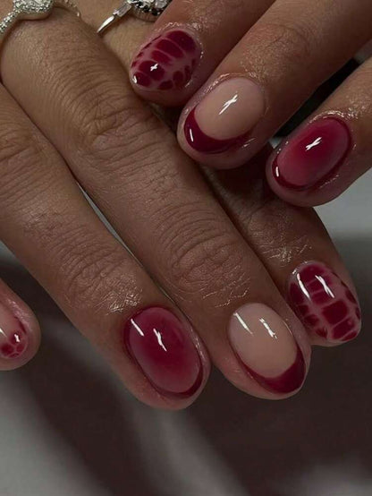 24pcs Short Oval Press On Nails, Wine Red Leopard Print French Tips With Blush Design, Sweet And Cool Style Acrylic Nails For Women Daily Wear