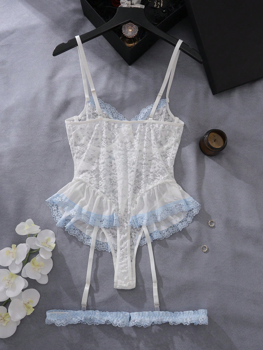 Ladies Romantic Lace Ruffle Trimmed Bodysuit Lingerie Set, 3pcs For Going Out