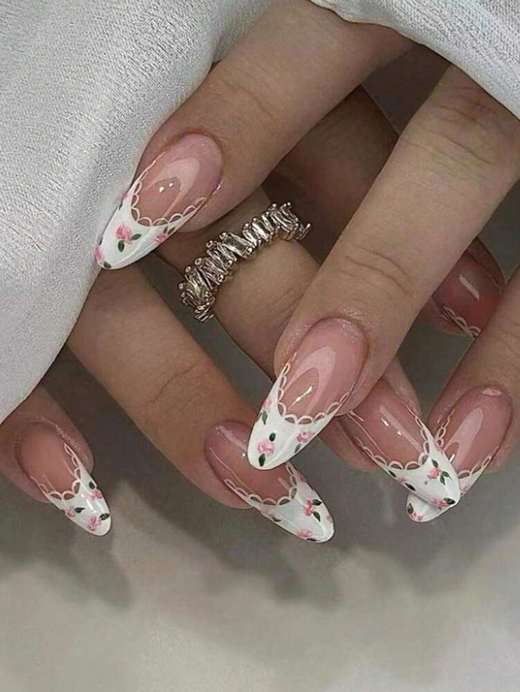 24pcs Medium Almond Press On Nails, White French Tips With Floral Pattern, Chic Full Cover Acrylic Nails For Women Summer Daily Wear