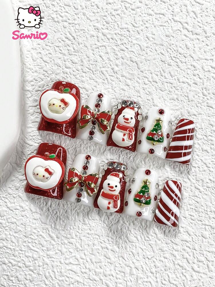 10pcs Luxury Press On Nails, 3D Apple Kitty Design With Rhinestones, Bow And Snowman Charms, Glossy Holiday Acrylic Nail Set For Winter Party