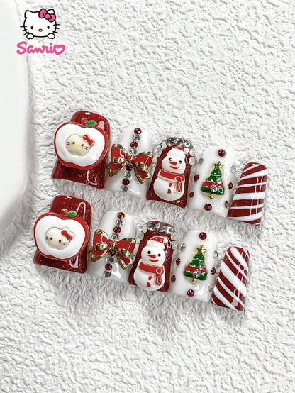 10pcs Luxury Press On Nails, 3D Apple Kitty Design With Rhinestones, Bow And Snowman Charms, Glossy Holiday Acrylic Nail Set For Winter Party
