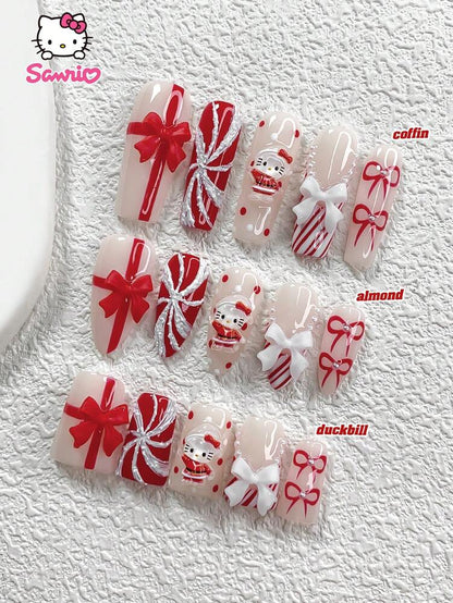 10pcs Sanrio Christmas Press-On Nails, 3D Hello Kitty Red Bow & Elk Charms, Handmade Pearl French Tips with Polka Dot Art, Holiday Nail Set for Women