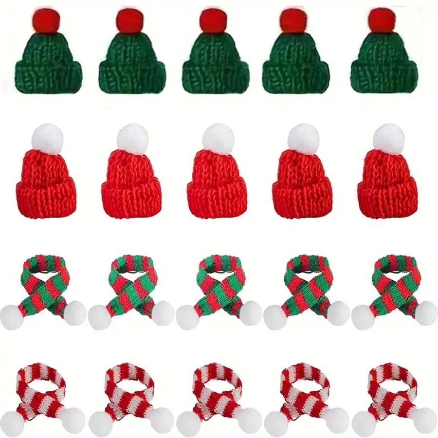 10pcs Mini Christmas Hat and Scarf Set, Knit Santa Doll Accessories for Bottle Caps, Table Decor, and Dollhouse Holiday Decorations