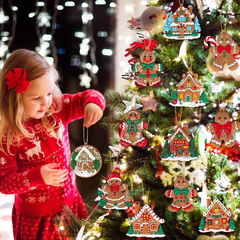 12pcs Gingerbread House Hanging Ornaments, Cute Christmas Tree Decorations for Home, Parties, and Holiday Gift Giving