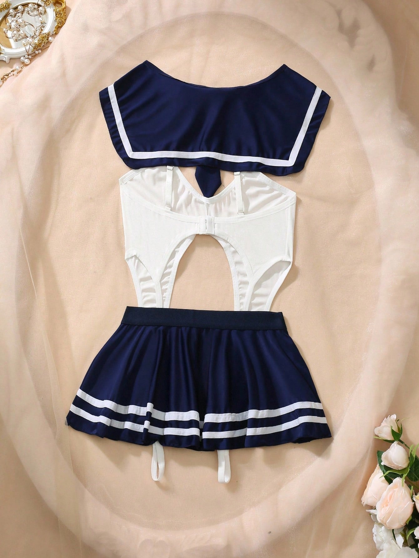 3pcs Open Crotch Contrast Color Navy Collar Tie Bodysuit With Short Pleated Skirt, Bow Decor, Mesh Skirt Hem, Frill Trim, Sexy Bodysuit For Women  Cozy And Elegant Details