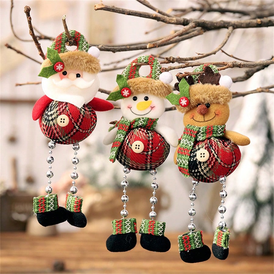 3pcs Felt Christmas Hanging Ornaments, Plaid Bead Leg Pendants with Cute Cartoon Designs, Perfect for Tree, Window, and Home Holiday Decorations
