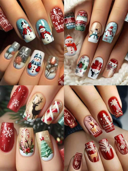 96pcs Christmas Press On Nails Short Square Mixed Set, Snowflake, Elk, Tree And Star Design, French Tip False Nails With Jelly Glue & File