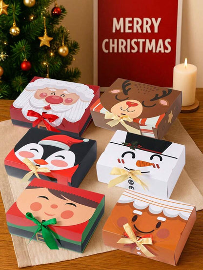 6pcs Christmas Gift Boxes with Ribbons, Santa Snowman & Reindeer Designs for Holiday Treats, Seasonal Packaging & Winter Home Decor