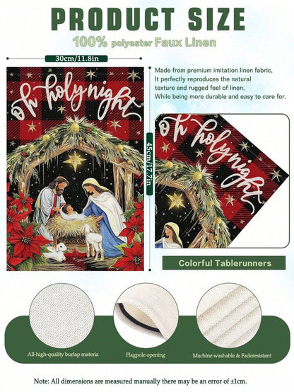 Christmas Night Garden Flag 12x18 inch, Double-Sided Linen Yard Flag with Jesus and Red Plaid Design, Festive Farmhouse Outdoor Winter Decoration