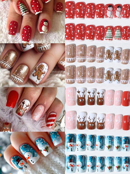 96pcs Short Square Christmas Press On Nails, Cute Gingerbread And Santa Claus Design With Snowflake Details, Acrylic Nail Kit For Winter Daily Wear