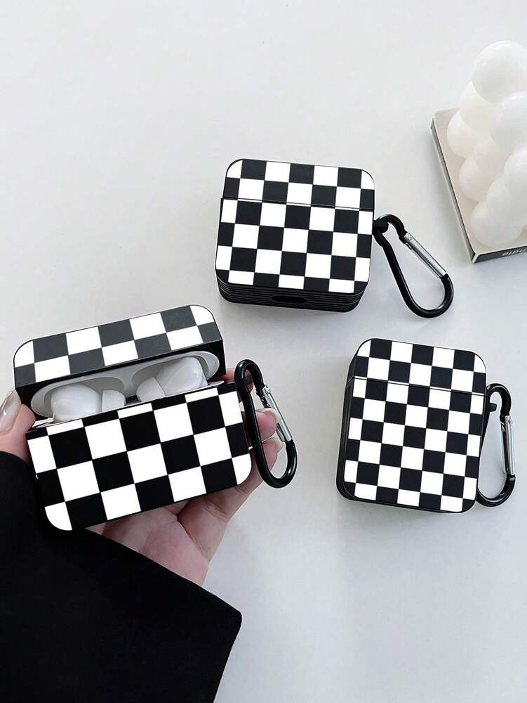 Checkerboard AirPods Case, Black Retro Check Cover with Metal Hook, Compatible with AirPods 1/2/3/Pro/Pro 2, Protective Stylish Design