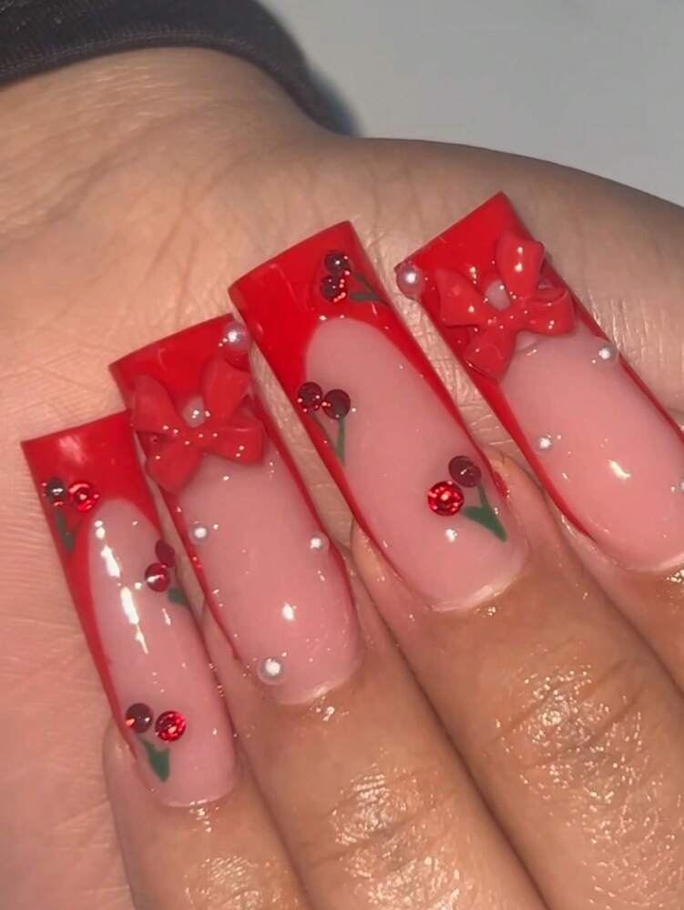 24pcs Soft French Press On Nails, Black And Red Plum Blossom Pattern, Romantic Dark Style Nail Set With File For Women Daily Wear