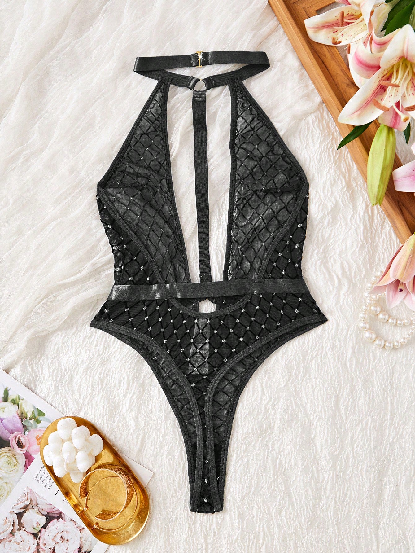 Sexy Rhinestone Halter Neck Bodysuit for Rave