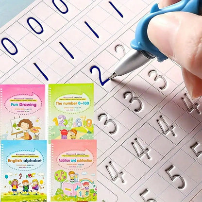 4pcs Magical Reusable Handwriting Workbooks, Magic Calligraphy Copybook Set with Pen and Refills, Fun Tracing Practice Books for Preschool Writing