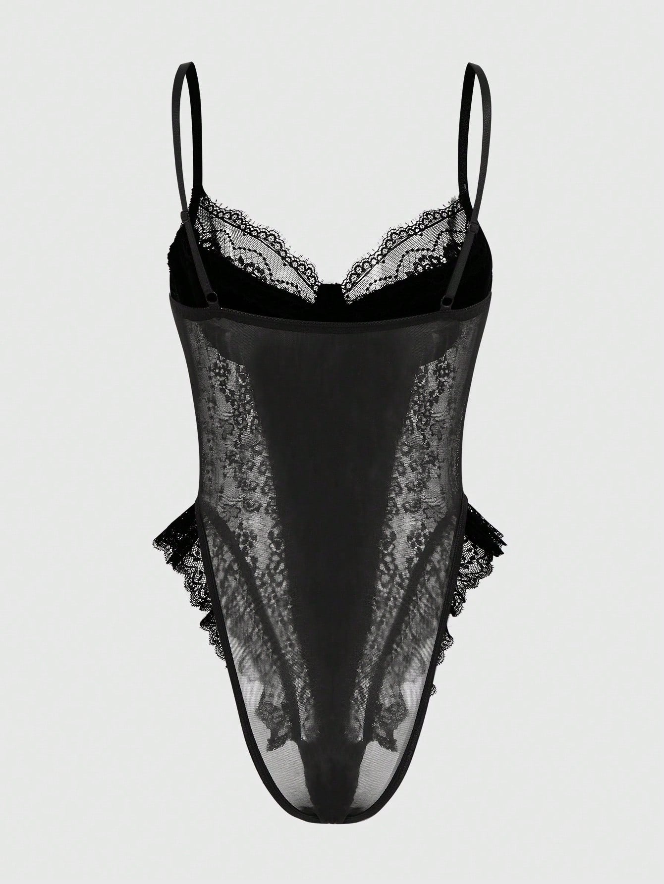 Women Contrast Lace Bodysuit With Structured One-Piece Design, Layered Lace Panel Detail, Smooth Fabric Combination, Simple Silhouette, Suitable For General Wear And Outfit Styling