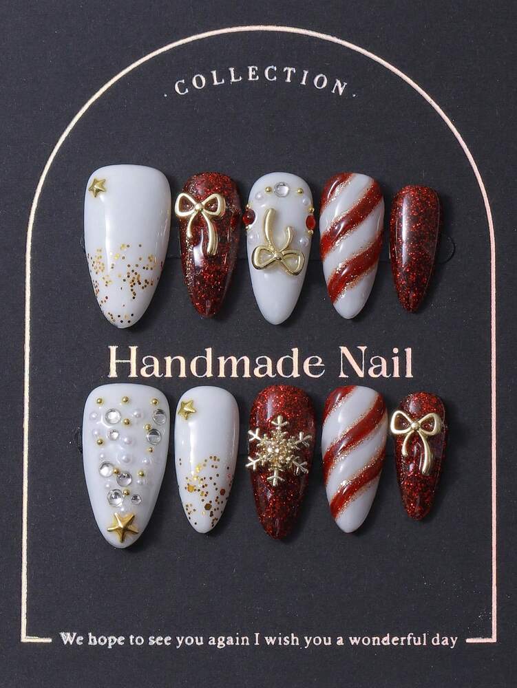 10pcs Almond Christmas Press On Nails, 3D Tree Snowman And Bow Design, Elegant Handcrafted Y2K Style Acrylic Nail Set For Women Festive Wear