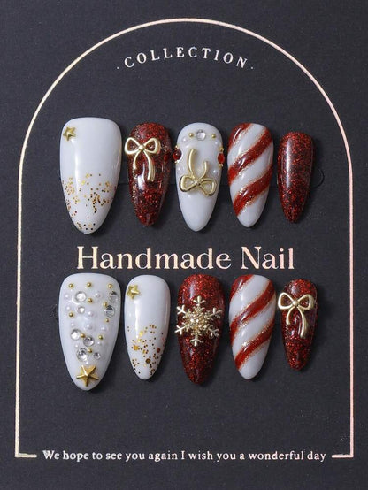 10pcs Almond Christmas Press On Nails, 3D Tree Snowman And Bow Design, Elegant Handcrafted Y2K Style Acrylic Nail Set For Women Festive Wear