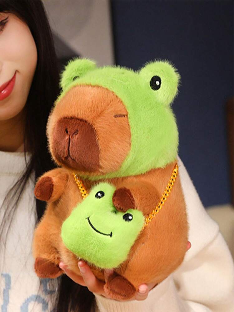 22cm Capybara Plush Toy with Frog Hat and Backpack, Adorable Soft Stuffed Animal Plush for Room Decoration or Collectible Display