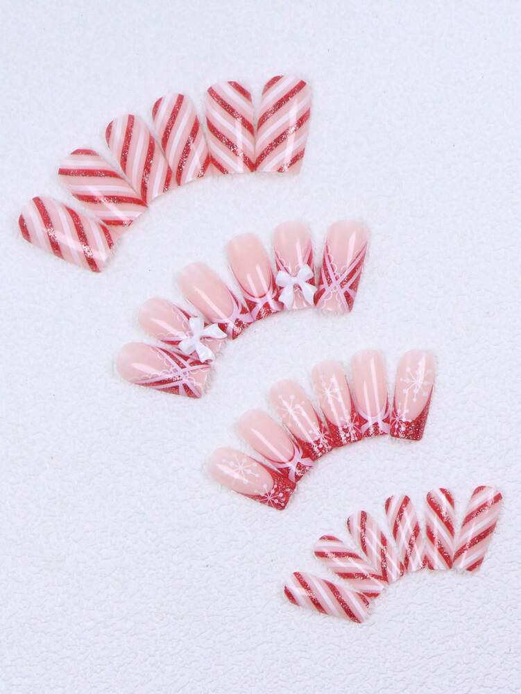 24pcs Long Ballet Christmas Press On Nails, White Snowflakes And Gingerbread Bow Design, 3D Acrylic False Nails For Women Holiday Gift