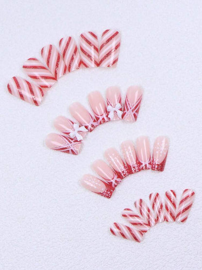 24pcs Long Ballet Christmas Press On Nails, White Snowflakes And Gingerbread Bow Design, 3D Acrylic False Nails For Women Holiday Gift