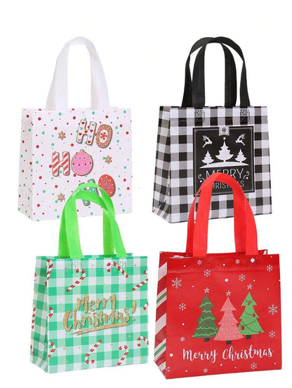 25pcs Red & Black Plaid Christmas Gift Bags, Non-Woven Holiday Tote Bags with Reindeer & Stocking Prints