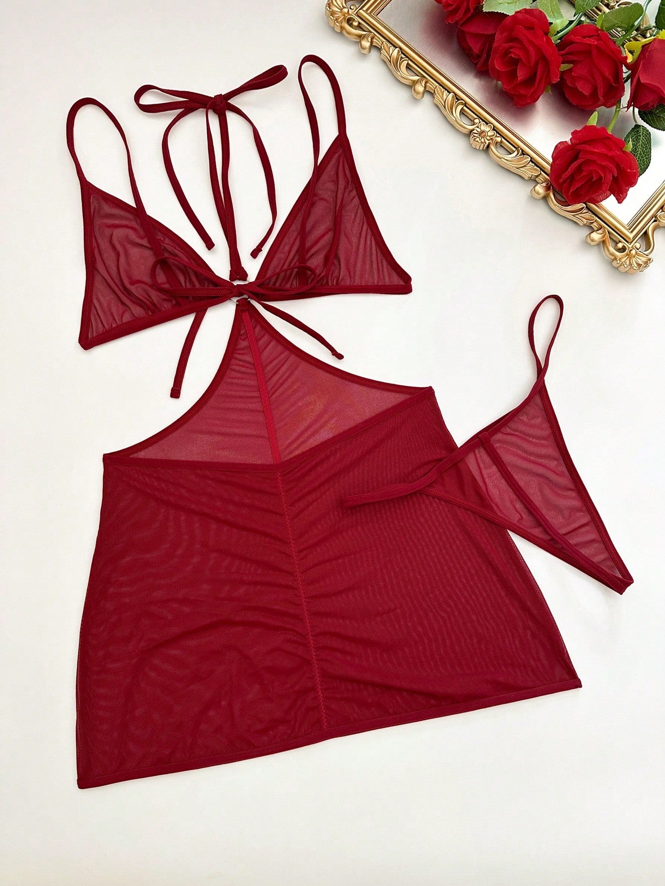 2pcs Women Solid Color Nightgown Set With Hollow Detail And Matching Bottom, Lightweight Fabric Construction, Coordinated Two-Piece Structure, Suitable For General Wear And Styling