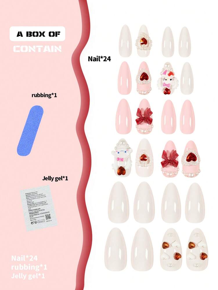 24pcs Medium Almond Press On Nails, 3D Cute Kitty And Puppy Design With Pearl Bow Heart Gems, Sweet Nail Set For Women Date Party Wear