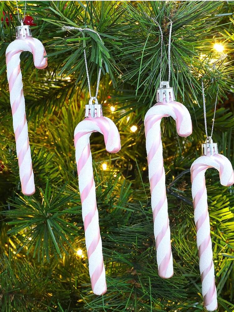 12pcs Pink Glitter Candy Cane Christmas Ornaments, 5.5" Plastic Hanging Decorations for Christmas Trees & Holiday Displays