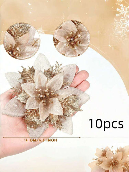10-Piece Champagne Gold Poinsettia Set, Glitter Artificial Christmas Flowers for Tree, Wreath & Vase Decor, Elegant Holiday Home & Wedding Decorations