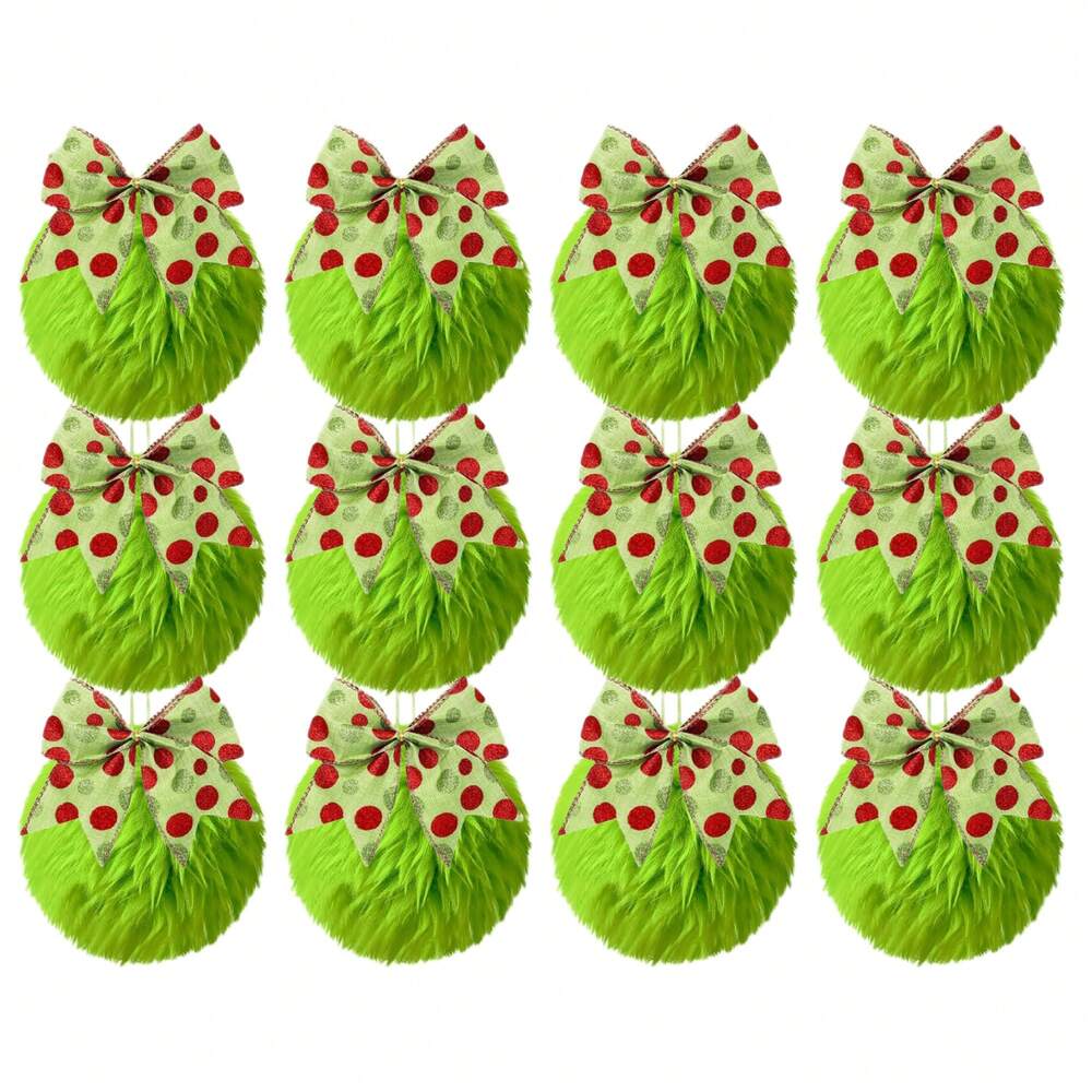 12pcs Green Plush Christmas Tree Hanging Ornaments with Bows, Soft and Festive Holiday Decorations for Home, Tree, or Office Display