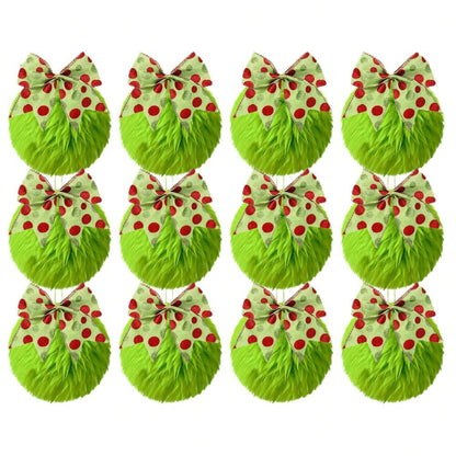 12pcs Green Plush Christmas Tree Hanging Ornaments with Bows, Soft and Festive Holiday Decorations for Home, Tree, or Office Display