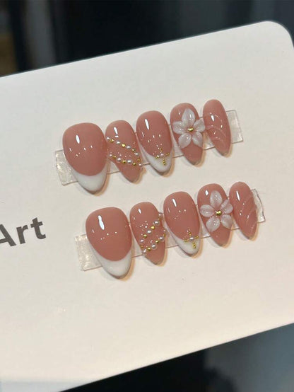 10pcs Short Almond French Press On Nails, 3D Floral Embossed Design With Gold Beads And Pearls, Elegant Nude Nail Set For Women Daily Wear