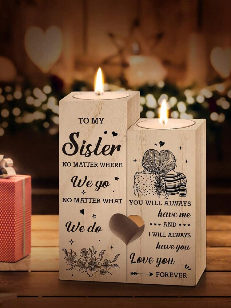 Heart-Shaped Candle Holder with Engraved Sister Message, Decorative Sentimental Ornament (Candle Not Included)