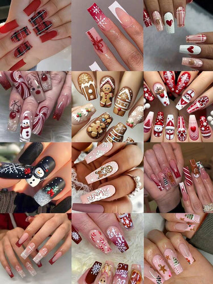 288pcs Short Square Christmas Press On Nails, Gingerbread Santa Snowflake And Tree Mix Design, Acrylic False Nail Kit For Women Party Use