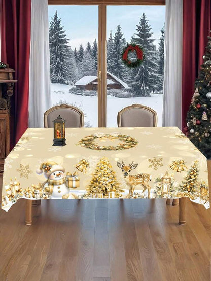 Festive Christmas Tablecloth with Snowman & Reindeer Wreath Design, Polyester Winter Table Cover for Dining Room & Kitchen Holiday Decor