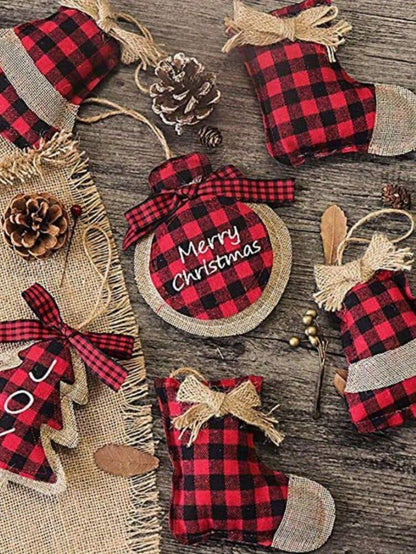 8pcs Buffalo Plaid Fabric Ball Ornaments, Christmas Tree Hanging Decorations, Rustic Red and Black Check Fabric Balls for Farmhouse Holiday Style