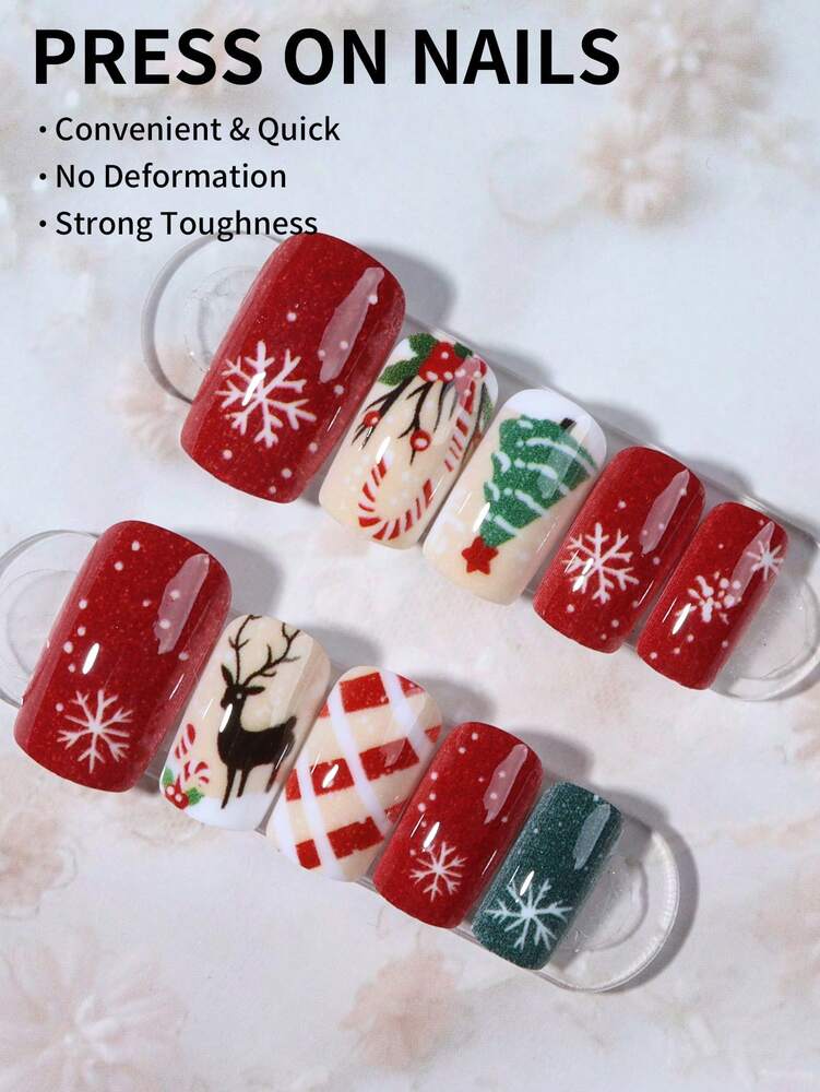 24pcs Short Square Christmas Press On Nails, Tree Snowman Elk French Tip Design, Acrylic False Nail Set With Glue & File For Holiday Use