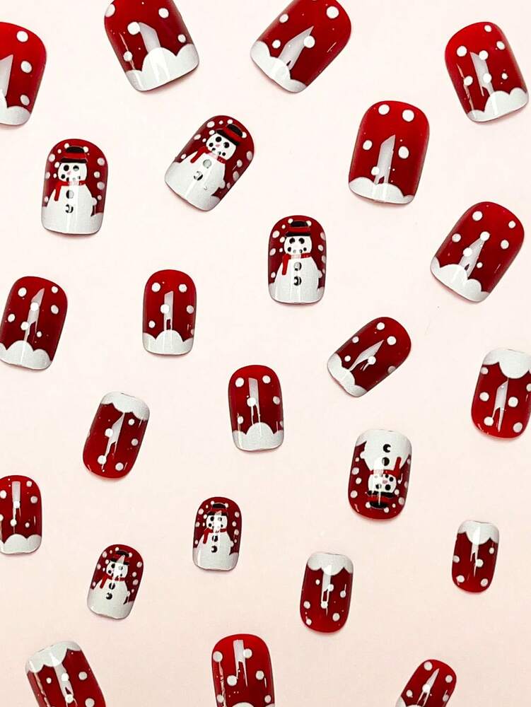 24pcs Short Square Christmas Press On Nails, Cute Snowman And Red Glitter French Tips, Jelly Gel & File Included, Holiday Nail Set For Women