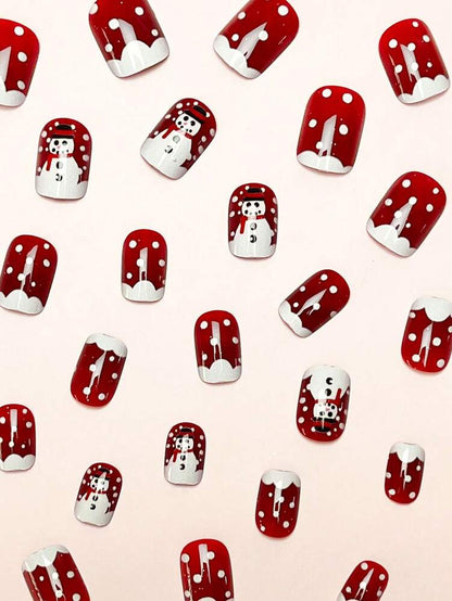 24pcs Short Square Christmas Press On Nails, Cute Snowman And Red Glitter French Tips, Jelly Gel & File Included, Holiday Nail Set For Women