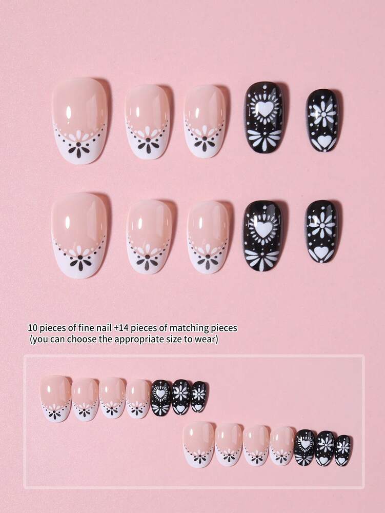 24pcs Short Oval Press On Nails, White Black French Tips With Heart And Flower Pattern, Full Cover Acrylic Nails For Women With Jelly Glue & File