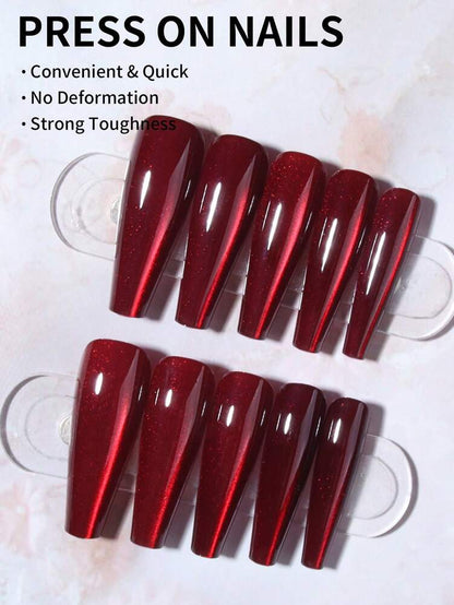 24pcs Long Coffin Red Cat Eye Press On Nails, Y2K Hot Pink Glossy Gradient Design, Acrylic Nail Set With Glue & File For Women Rave Look